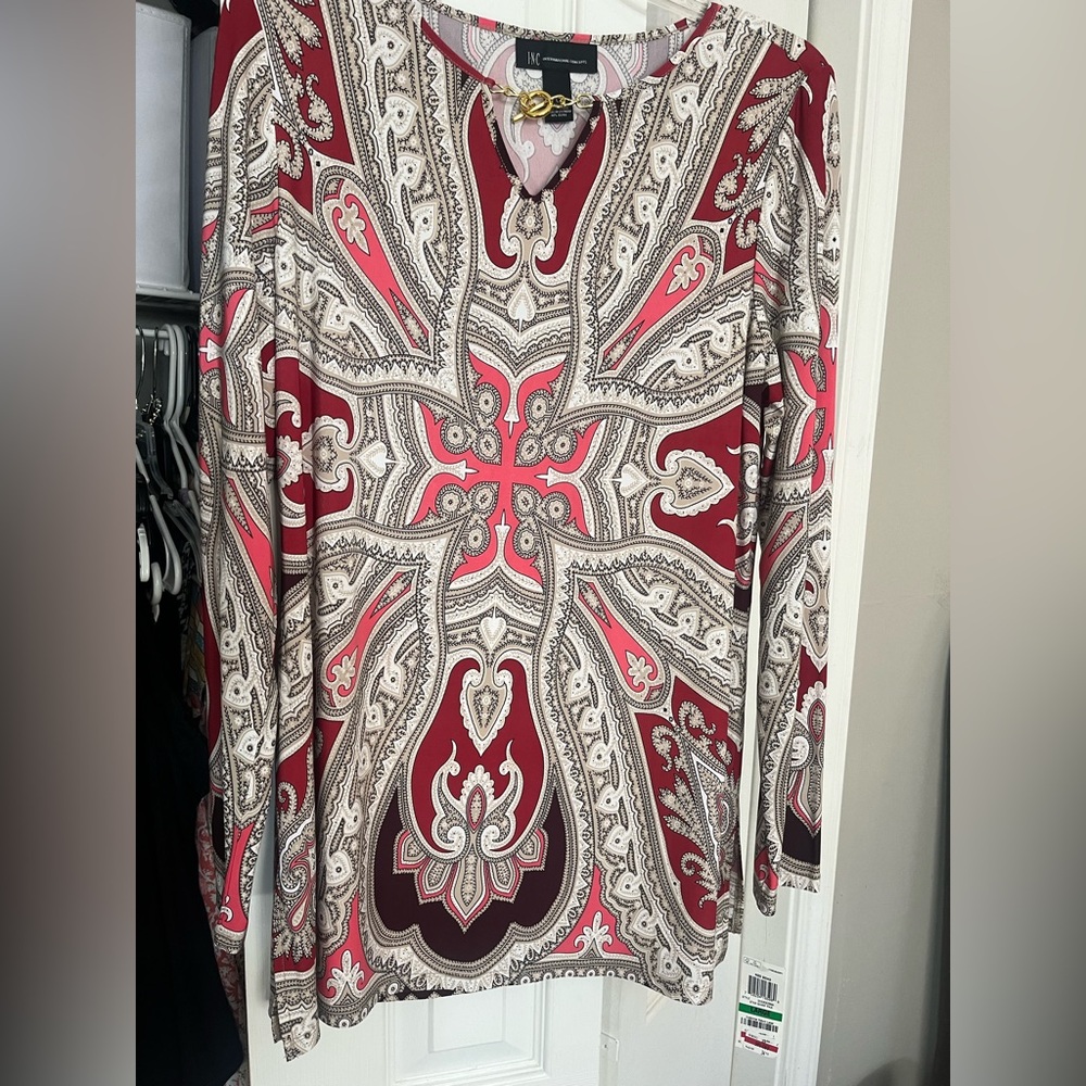 INC Paisley Long Sleeve tunic Top Large NWT